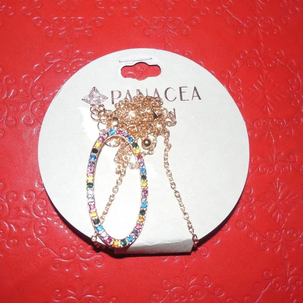 Panacea Multicolor Crystal Pave Oval Hoop Earrings Necklace Set Rose Gold Glam